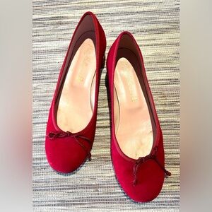 Pretty Ballerinas Red Suede Flats with Bow and Gold Trim